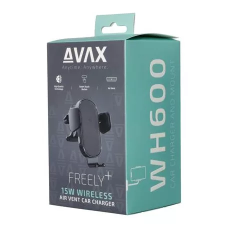 AVAX Autós töltő, vezeték nélküli, szellőzőrácsra, AVAX "WH600 Freely+", fekete