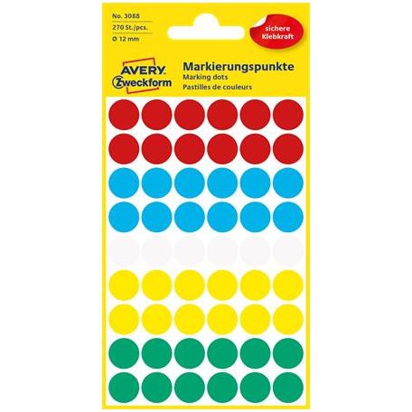 AVERY ZWECKFORM Etikett, 12 mm, kör, AVERY ZWECKFORM, 5 különböző szín, 270 etikett/csomag