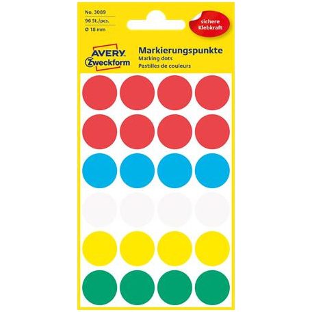 AVERY ZWECKFORM Etikett, 18 mm, kör, AVERY ZWECKFORM, 5 különböző szín, 96 etikett/csomag