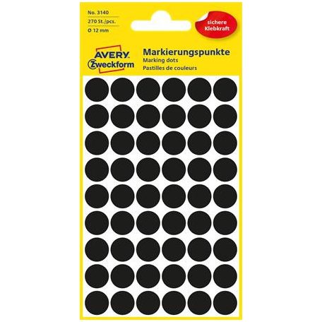 AVERY ZWECKFORM Etikett, 12 mm, kör, AVERY ZWECKFORM, fekete, 270 etikett/csomag