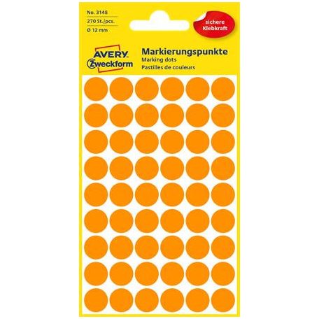 AVERY ZWECKFORM Etikett, 12 mm, kör, AVERY ZWECKFORM, neon narancs, 270 etikett/csomag