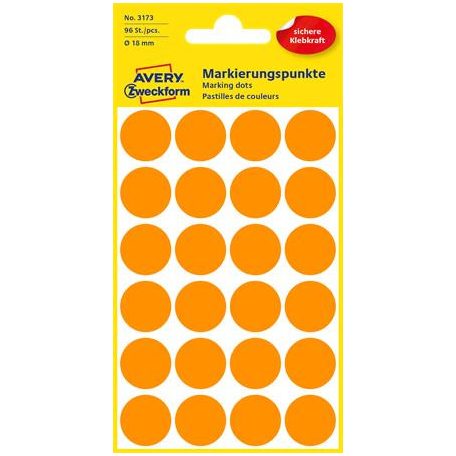 AVERY ZWECKFORM Etikett, 18 mm, kör, AVERY ZWECKFORM, neon narancs, 96 etikett/csomag