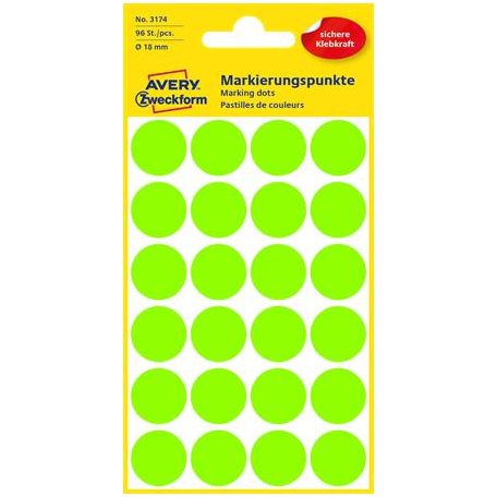 AVERY ZWECKFORM Etikett, 18 mm, kör, AVERY ZWECKFORM, neon zöld, 96 etikett/csomag