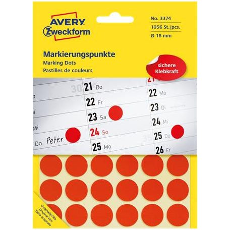 AVERY ZWECKFORM Etikett, 18 mm, kör, AVERY ZWECKFORM, piros, 1056 etikett/csomag
