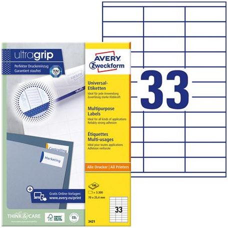 AVERY ZWECKFORM Etikett, univerzális, 70x25,4 mm, AVERY ZWECKFORM, 3300 etikett/csomag