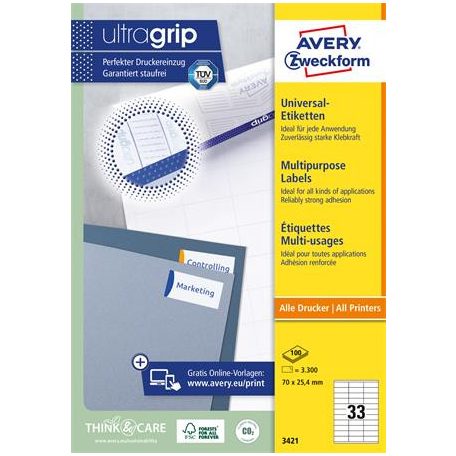 AVERY ZWECKFORM Etikett, univerzális, 70x25,4 mm, AVERY ZWECKFORM, 3300 etikett/csomag
