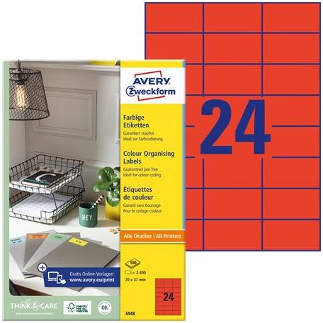 AVERY ZWECKFORM Etikett, 70x37 mm, színes, AVERY ZWECKFORM, piros, 2400 etikett/csomag