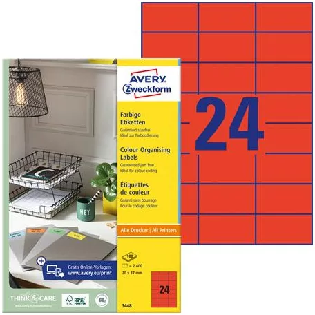 AVERY ZWECKFORM Etikett, 70x37 mm, színes, AVERY ZWECKFORM, piros, 2400 etikett/csomag