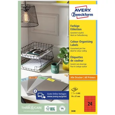 AVERY ZWECKFORM Etikett, 70x37 mm, színes, AVERY ZWECKFORM, piros, 2400 etikett/csomag
