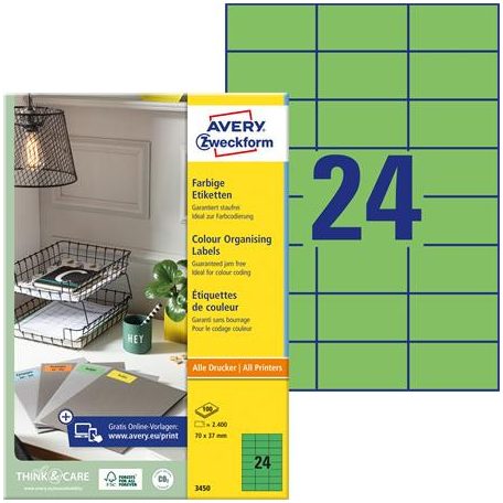 AVERY ZWECKFORM Etikett, 70x37 mm, színes, AVERY ZWECKFORM, zöld, 2400 etikett/csomag