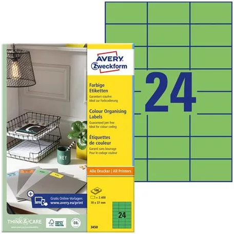 AVERY ZWECKFORM Etikett, 70x37 mm, színes, AVERY ZWECKFORM, zöld, 2400 etikett/csomag