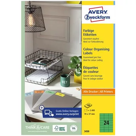 AVERY ZWECKFORM Etikett, 70x37 mm, színes, AVERY ZWECKFORM, zöld, 2400 etikett/csomag