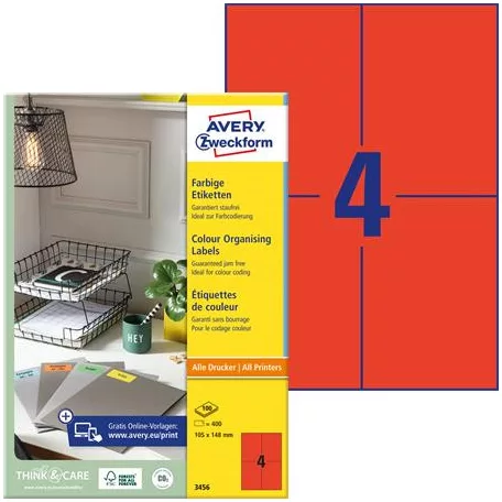 AVERY ZWECKFORM Etikett, 105x148 mm, színes, AVERY ZWECKFORM, piros, 400 etikett/csomag