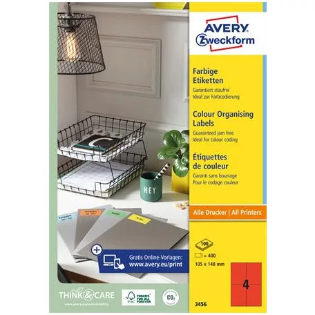 AVERY ZWECKFORM Etikett, 105x148 mm, színes, AVERY ZWECKFORM, piros, 400 etikett/csomag