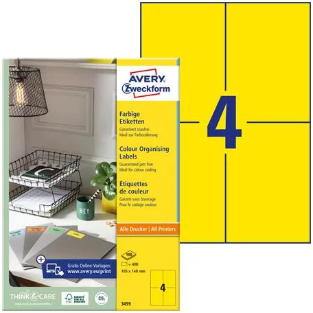 AVERY ZWECKFORM Etikett, 105x148 mm, színes, AVERY ZWECKFORM, sárga, 400 etikett/csomag