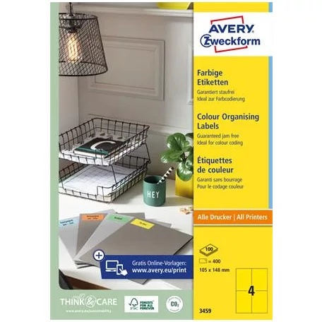AVERY ZWECKFORM Etikett, 105x148 mm, színes, AVERY ZWECKFORM, sárga, 400 etikett/csomag