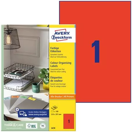 AVERY ZWECKFORM Etikett, 210x297 mm, színes, AVERY ZWECKFORM, piros, 100 etikett/csomag