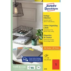   AVERY ZWECKFORM Etikett, 210x297 mm, színes, AVERY ZWECKFORM, piros, 100 etikett/csomag
