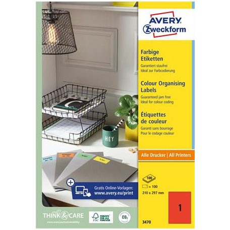 AVERY ZWECKFORM Etikett, 210x297 mm, színes, AVERY ZWECKFORM, piros, 100 etikett/csomag