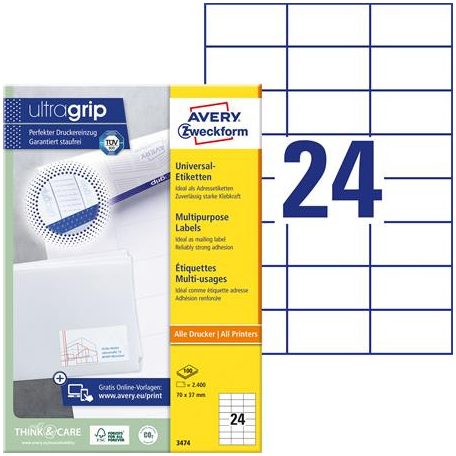 AVERY ZWECKFORM Etikett, univerzális, 70x37 mm, AVERY ZWECKFORM, 2400 etikett/csomag