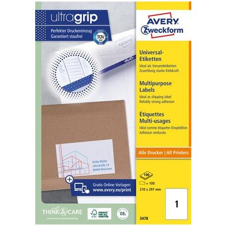 AVERY ZWECKFORM Etikett, univerzális, 210x297 mm, AVERY ZWECKFORM, 100 etikett/csomag