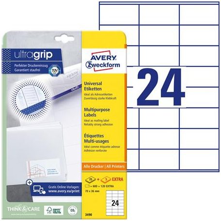 AVERY ZWECKFORM Etikett, univerzális, 70x36 mm, AVERY ZWECKFORM, 720 etikett/csomag