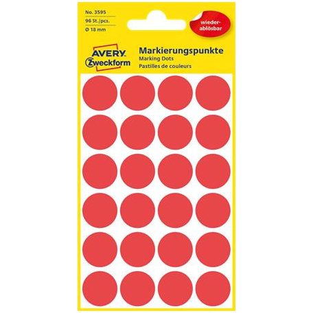AVERY ZWECKFORM Etikett, 18 mm, kör, eltávolítható, AVERY ZWECKFORM, piros, 96 etikett/csomag