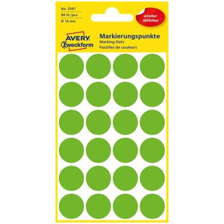 AVERY ZWECKFORM Etikett, 18 mm, kör, eltávolítható, AVERY ZWECKFORM, fűzöld, 96 etikett/csomag