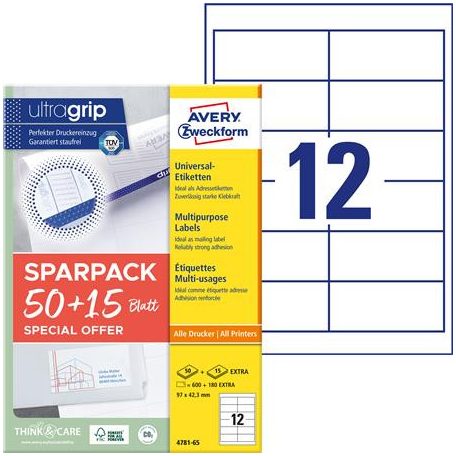 AVERY ZWECKFORM Etikett, univerzális, 97x42,3 mm, AVERY ZWECKFORM, "Sparpack", 780 etikett/csomag