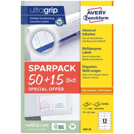 AVERY ZWECKFORM Etikett, univerzális, 97x42,3 mm, AVERY ZWECKFORM, "Sparpack", 780 etikett/csomag