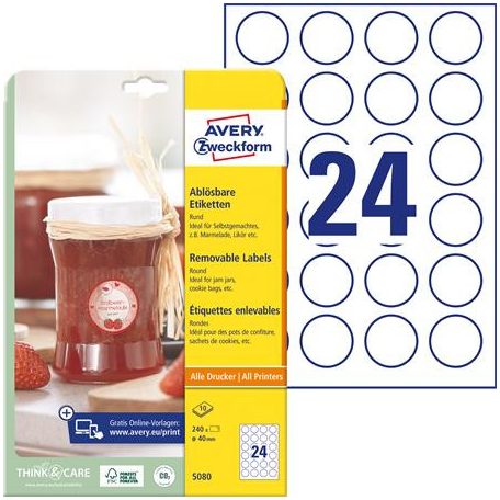 AVERY ZWECKFORM Etikett, 40 mm, kör, eltávolítható, AVERY ZWECKFORM, 240 etikett/csomag