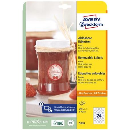 AVERY ZWECKFORM Etikett, 40 mm, kör, eltávolítható, AVERY ZWECKFORM, 240 etikett/csomag