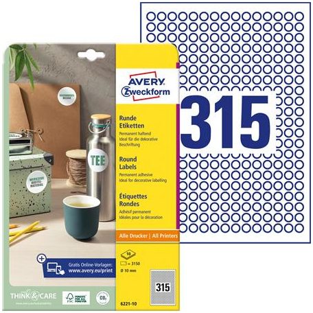 AVERY ZWECKFORM Etikett, univerzális, 10 mm, kör, AVERY ZWECKFORM, 3150 etikett/csomag