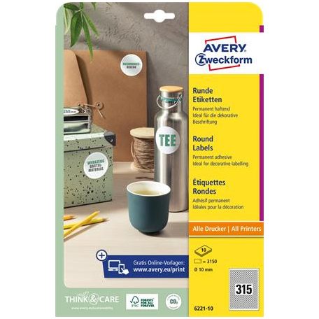 AVERY ZWECKFORM Etikett, univerzális, 10 mm, kör, AVERY ZWECKFORM, 3150 etikett/csomag