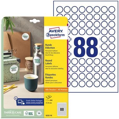 AVERY ZWECKFORM Etikett, univerzális, 20 mm, kör, AVERY ZWECKFORM, 880 etikett/csomag