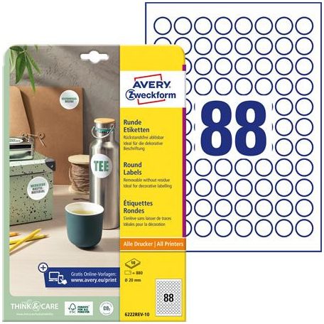AVERY ZWECKFORM Etikett, 20 mm, kör, eltávolítható, AVERY ZWECKFORM, 880 etikett/csomag