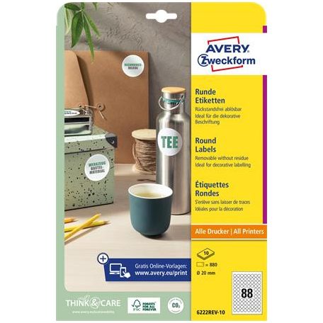 AVERY ZWECKFORM Etikett, 20 mm, kör, eltávolítható, AVERY ZWECKFORM, 880 etikett/csomag