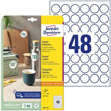 AVERY ZWECKFORM Etikett, univerzális, 30 mm, kör, AVERY ZWECKFORM, 480 etikett/csomag