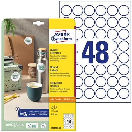 AVERY ZWECKFORM Etikett, 30 mm, kör, eltávolítható, AVERY ZWECKFORM, 480 etikett/csomag