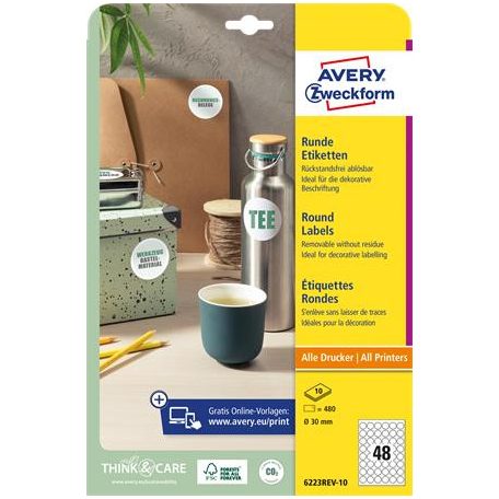 AVERY ZWECKFORM Etikett, 30 mm, kör, eltávolítható, AVERY ZWECKFORM, 480 etikett/csomag