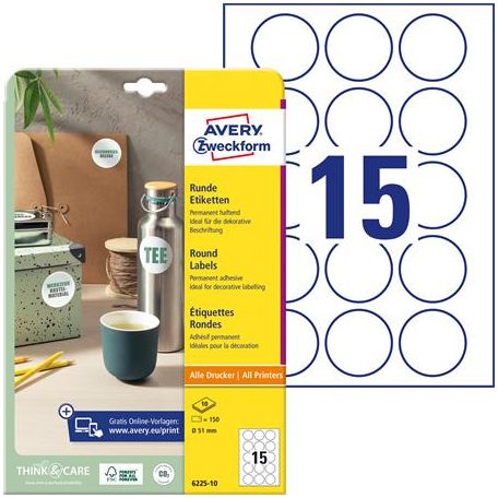 AVERY ZWECKFORM Etikett, univerzális, 51mm, kör, AVERY ZWECKFORM, 150 etikett/csomag