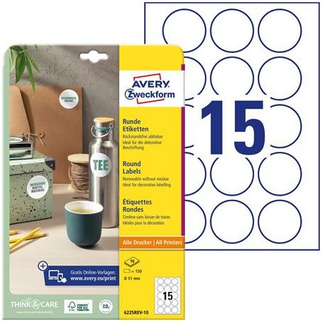 AVERY ZWECKFORM Etikett, 51 mm, kör, eltávolítható, AVERY ZWECKFORM, 150 etikett/csomag