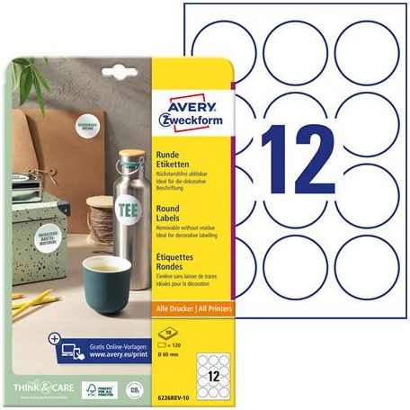 AVERY ZWECKFORM Etikett, 60 mm, kör, eltávolítható, AVERY ZWECKFORM, 120 etikett/csomag