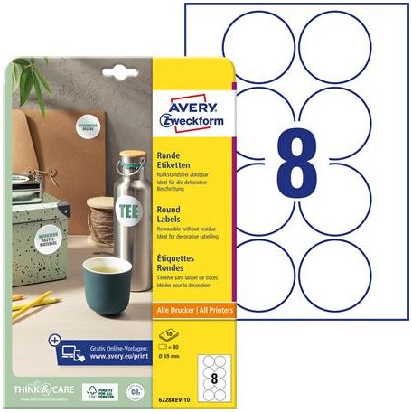 AVERY ZWECKFORM Etikett, 69 mm, kör, eltávolítható, AVERY ZWECKFORM, 80 etikett/csomag