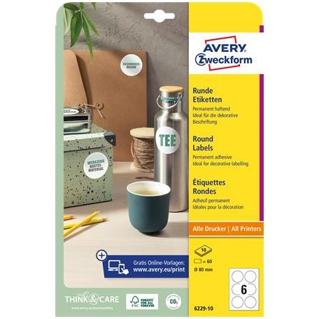 AVERY ZWECKFORM Etikett, univerzális, 80 mm, kör, AVERY ZWECKFORM, 60 etikett/csomag