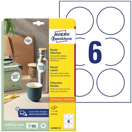 AVERY ZWECKFORM Etikett, 80 mm, kör, eltávolítható, AVERY ZWECKFORM, 60 etikett/csomag