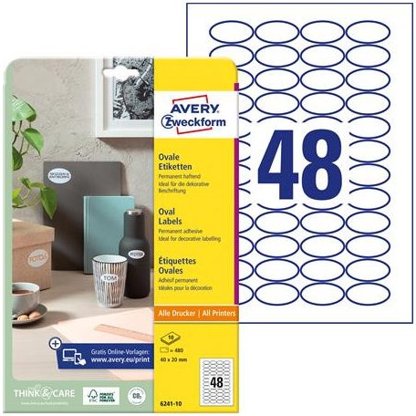AVERY ZWECKFORM Etikett, univerzális, 40x20 mm, ovális, AVERY ZWECKFORM, 480 etikett/csomag