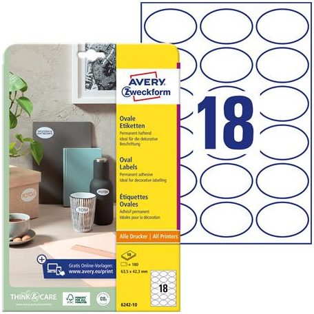 AVERY ZWECKFORM Etikett, univerzális, 63,5x42,3 mm, ovális, AVERY ZWECKOFRM, 180 etikett/csomag