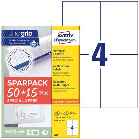 AVERY ZWECKFORM Etikett, univerzális, 105x148 mm, AVERY ZWECKFORM, "Sparpack", 260 etikett/csomag