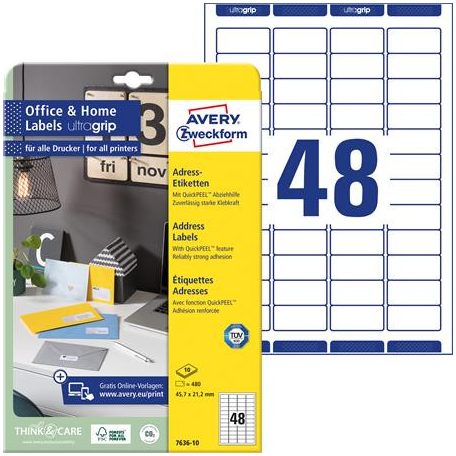 AVERY ZWECKFORM Etikett, univerzális, 45,7x21,2 mm, extra erős, AVERY ZWECKFORM, 480 etikett/csomag